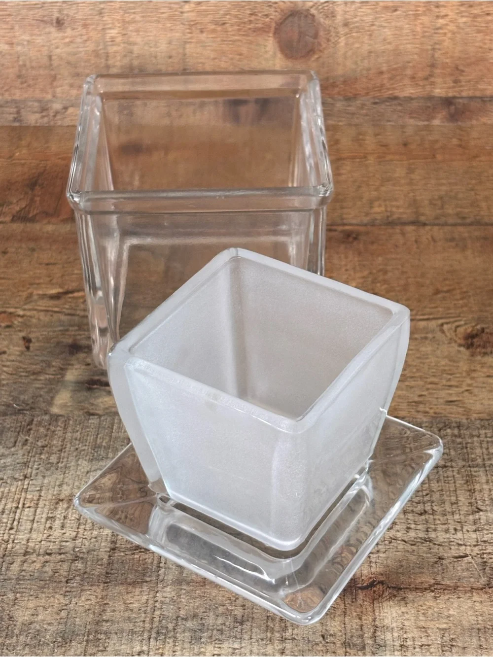 Vintage Clear Frosted Glass French Butter Bell Crock Square With Lid Dish